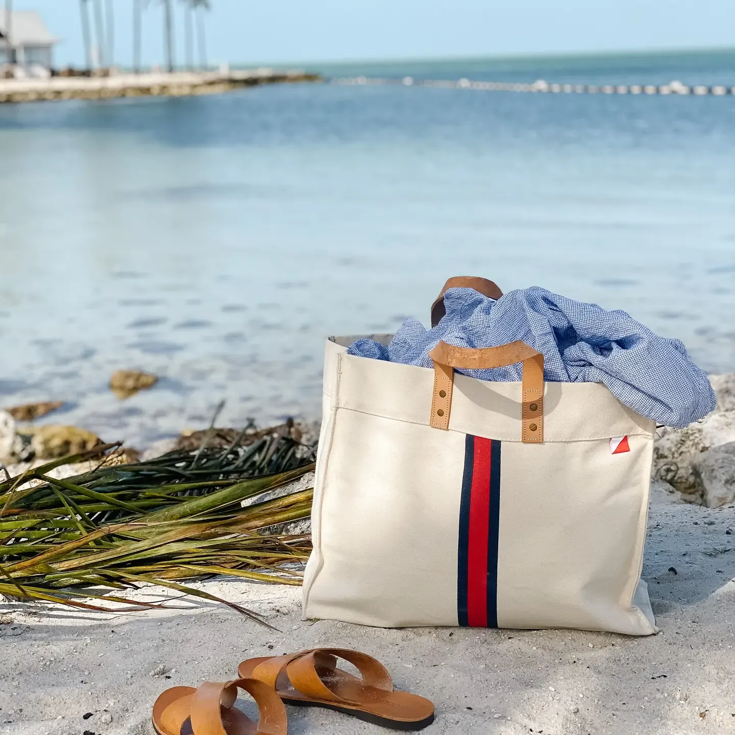 Red Striped Box Heavy Canvas Tote Bag with Leather Handles