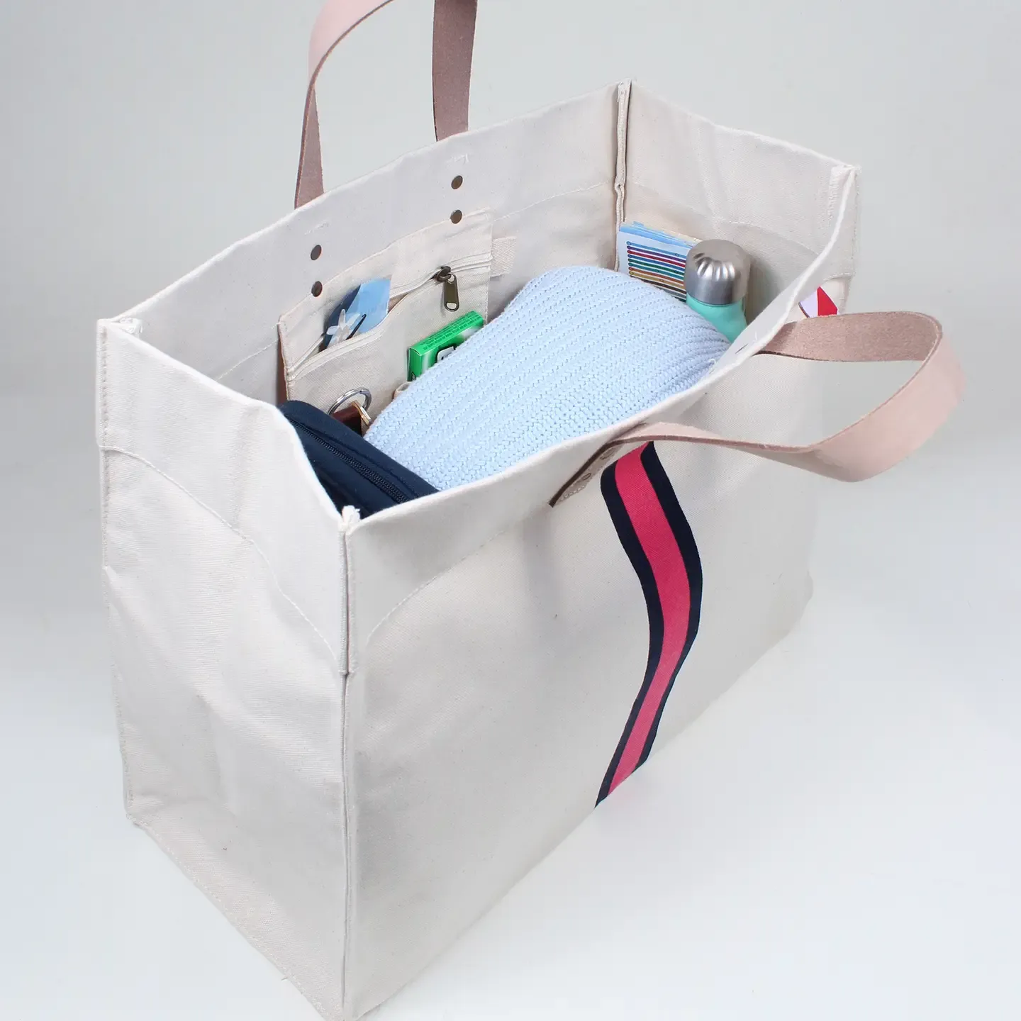 Red Striped Box Heavy Canvas Tote Bag with Leather Handles