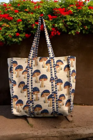 Reversible Cotton Quilted Tote - Indigo & Mushroom Print