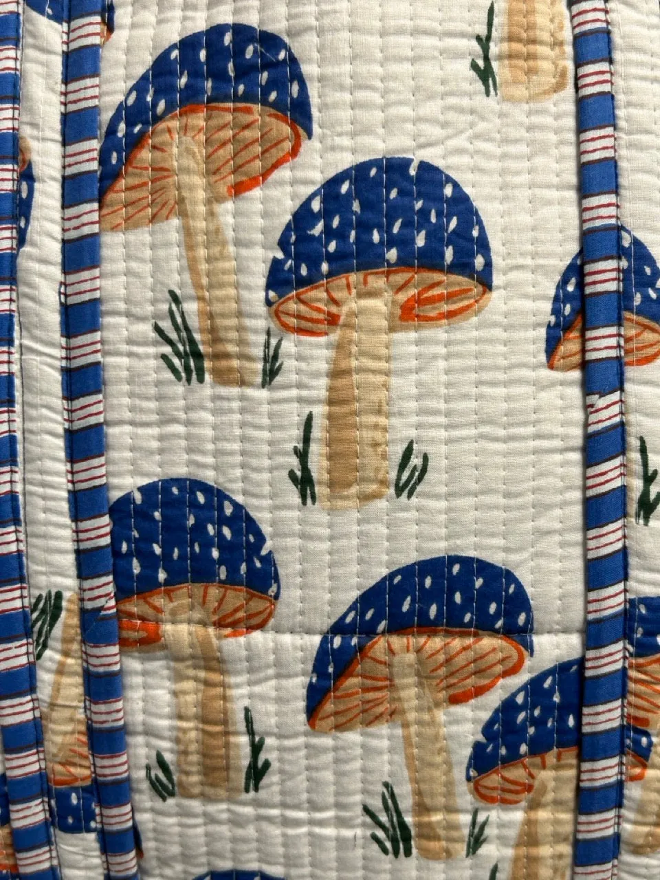Reversible Cotton Quilted Tote - Indigo & Mushroom Print