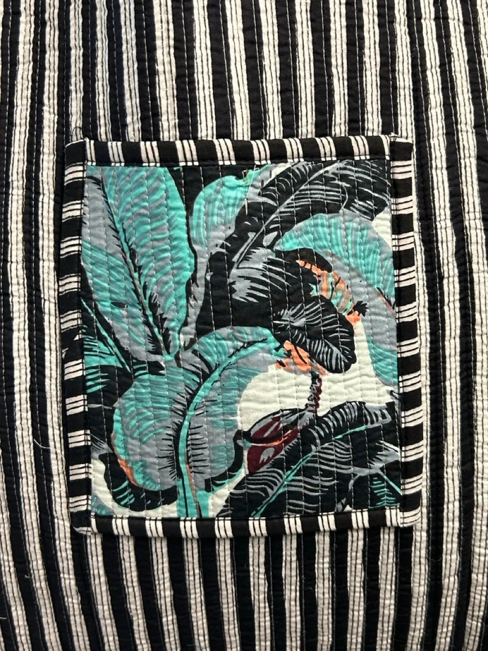 Reversible Cotton Quilted Tote - Teal Monochrome Leaves