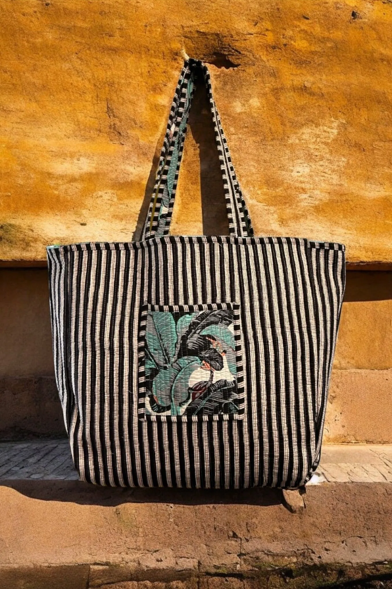 Reversible Cotton Quilted Tote - Teal Monochrome Leaves