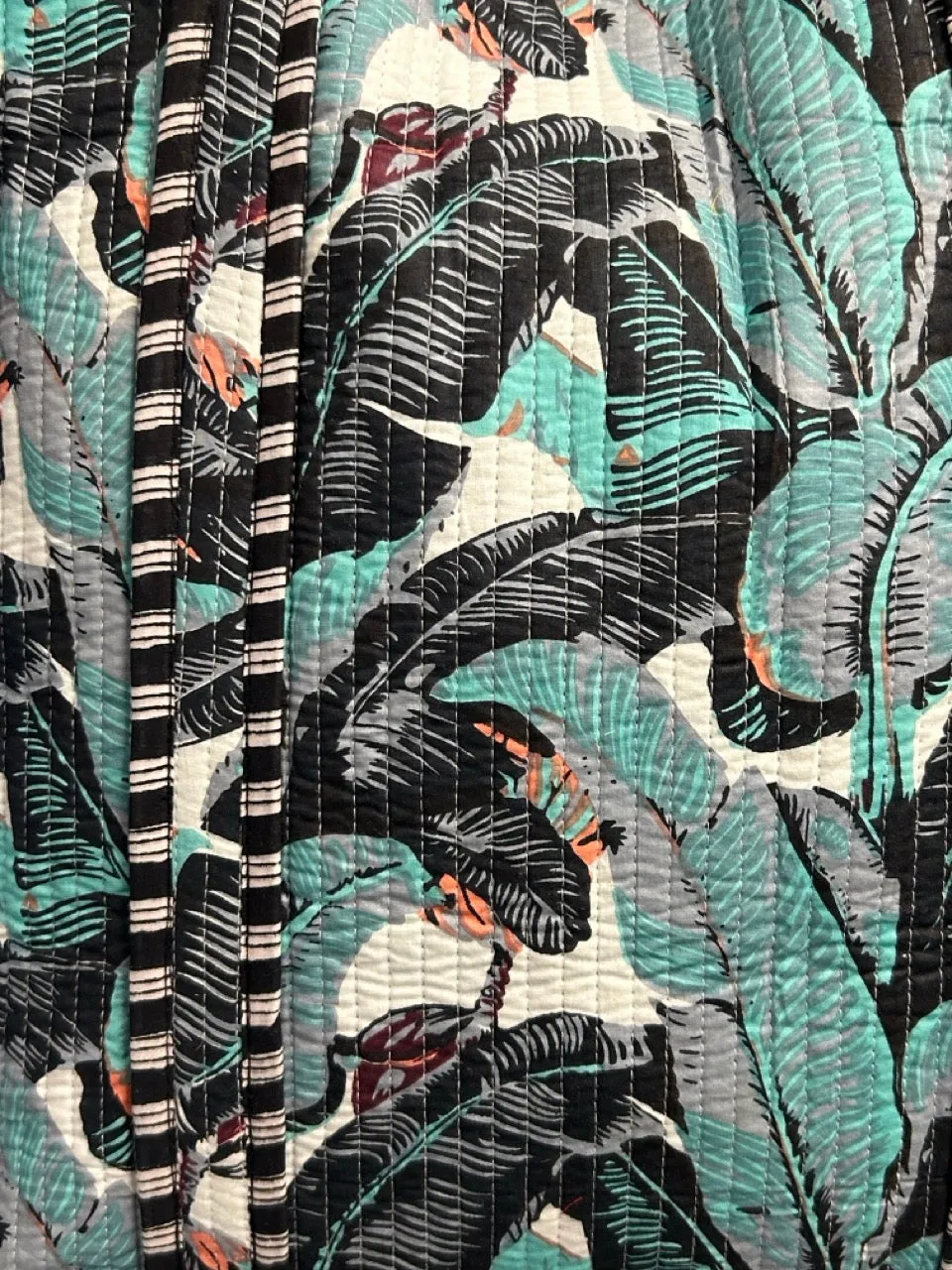 Reversible Cotton Quilted Tote - Teal Monochrome Leaves
