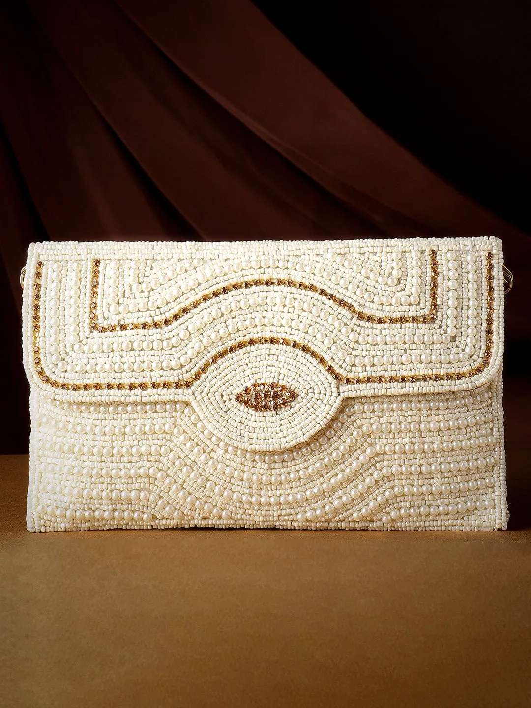 Rubans White Clutch Bags with Pearl and Stone Embellishment