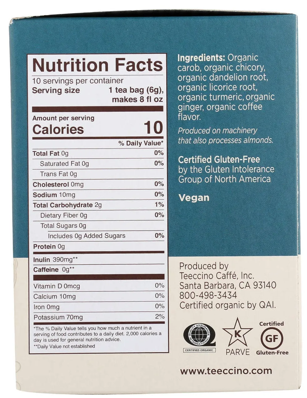 Teeccino Roasted Hearbal Tea Dandelion Turmeric 10ct