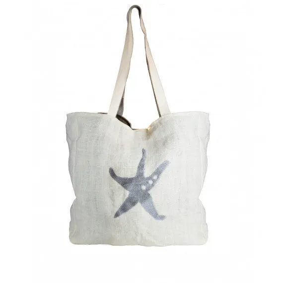 White/Silver Starfish Jute Beach Bag