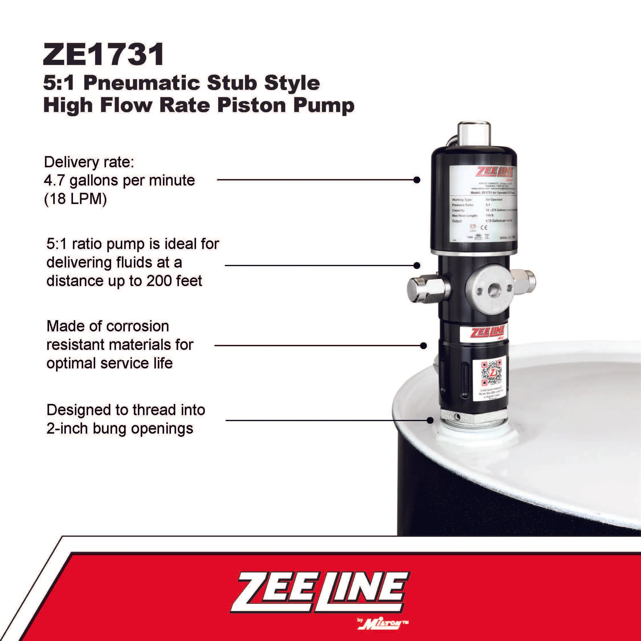 ZE1731 – 5:1 Pneumatic Stub Style High Flow Rate Piston Pump (Double Action)